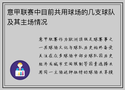 意甲联赛中目前共用球场的几支球队及其主场情况